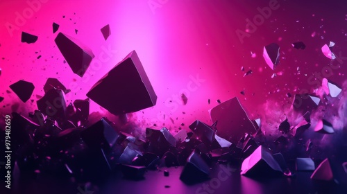 Abstract 3d geometric shapes exploding against a vibrant pink background