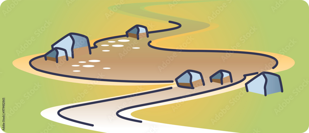 Illustration of a polluted river flowing through a rural area with houses nearby, highlighting environmental contamination. Illustration of a polluted river flowing through a rural area with houses nearby, highlighting environmental contamination.