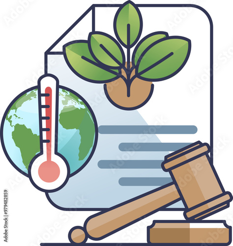Illustration of policy documents approving geothermal projects, featuring a gavel, a plant, a globe with a thermometer, and a document.