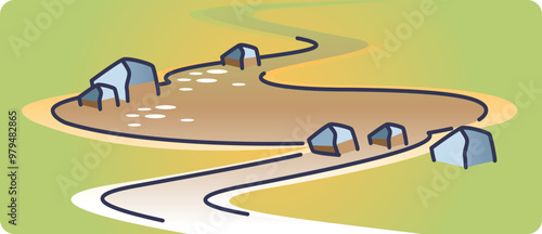 Illustration of a polluted river flowing through a rural area with houses nearby, highlighting environmental contamination.