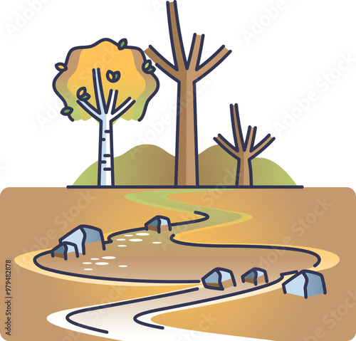 Illustration of a polluted landscape with barren trees, rocks, and a winding path, symbolizing environmental degradation.