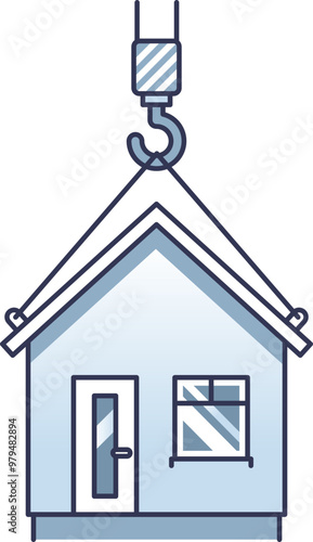 Illustration of a prefabricated modular home being lifted by a crane, symbolizing ease of construction and mobility.
