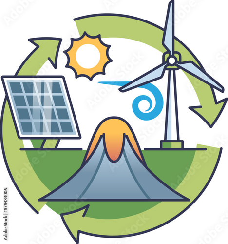 Illustration of renewable energy sources including geothermal, solar, and wind power, symbolizing sustainable energy cycles.