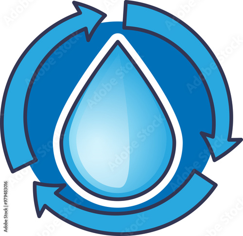 A water droplet surrounded by circular arrows symbolizing refresh or reload, representing renewal and sustainability.