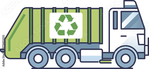Illustration of a recycling garbage truck in side view, highlighting waste management and environmental conservation.