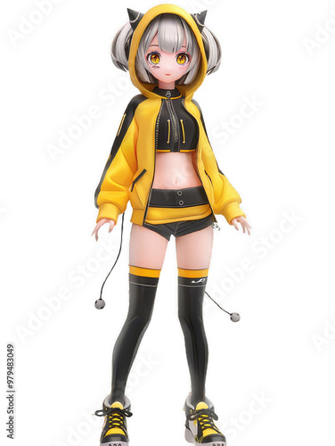 Adorable 3D Anime Character in Yellow and Black Outfit On transparent Background