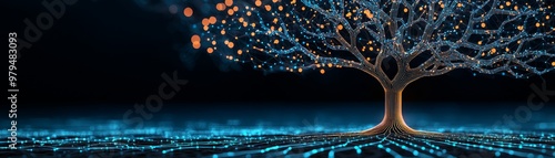 Digital tree with branches of business strategies, symbolizing organic growth and interconnectivity growth strategy, ecosystem approach