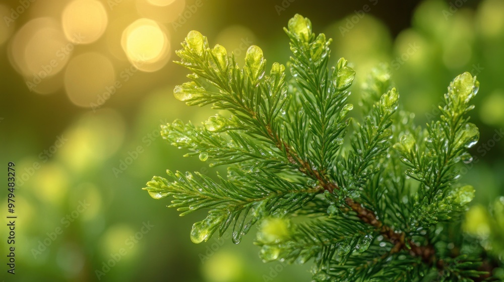 Dewy Pine Branch in the Sunlight Dewy Pine Branch in the Sunlight