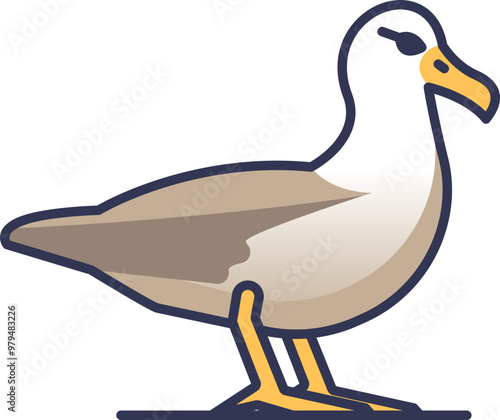 Illustration of a seagull standing, symbolizing freedom and coastal life.