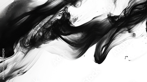 Abstract black ink swirling on white background, creating dynamic, artistic patterns