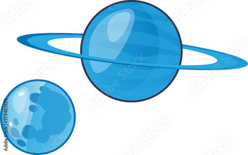 Illustration of a blue planet with rings and a blue moon, symbolizing celestial bodies in space.