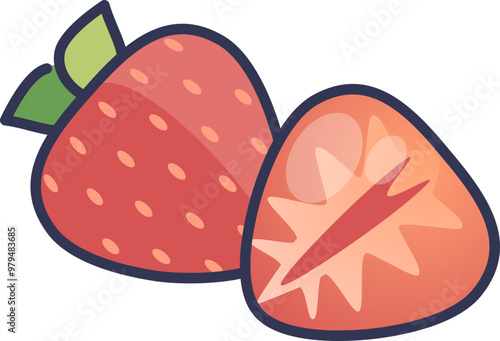 Illustration of a whole strawberry and a sliced strawberry, highlighting freshness and natural sweetness.