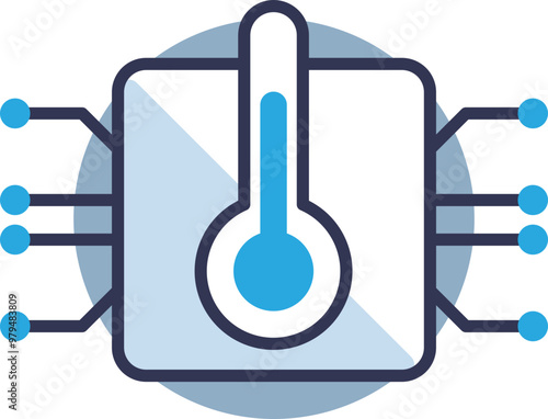 Illustration of a temperature sensor icon with a thermometer and circuit connections, symbolizing digital temperature monitoring.