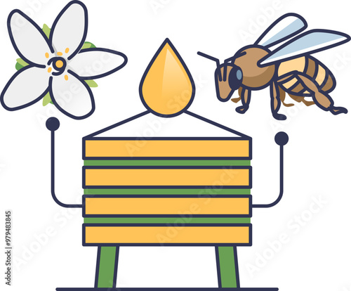 Illustration of a bee, flower, and beehive symbolizing pollination and thriving pollinators.