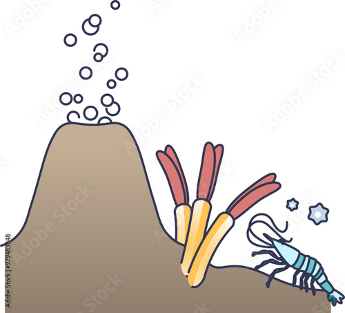 Illustration of a hydrothermal vent with tube worms and a shrimp, depicting deep-sea ecosystem.