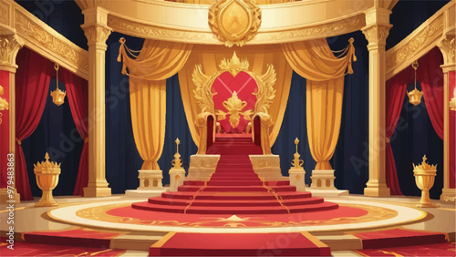 Grand Throne Room with Golden Accents, Royal Banners, and Majestic Throne in Vector Cartoon Style

