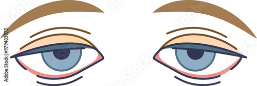 Illustration of tired, droopy eyes with dark circles and red lower eyelids, symbolizing fatigue and lack of sleep.