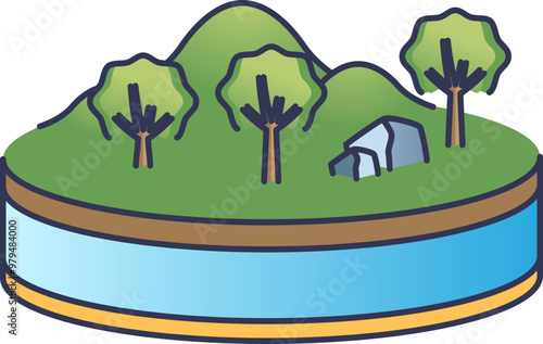 Illustration of an underground aquifer with trees and hills above, representing groundwater storage.