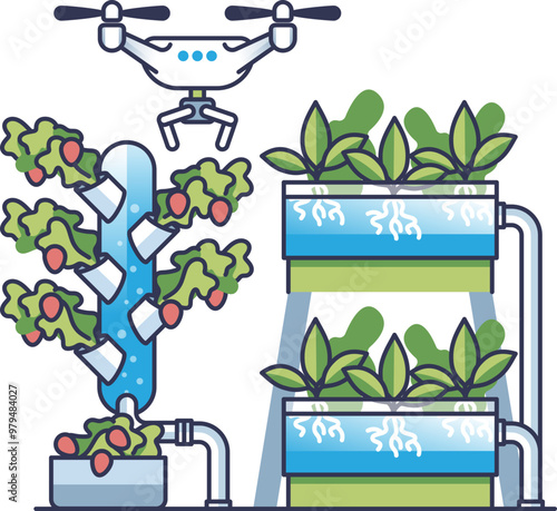 Illustration of an urban vertical farm with drones and hydroponic systems, showcasing modern agriculture technology.