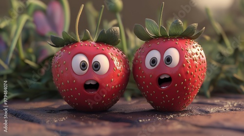 two strawberries with a funny face and a face with a surprised expression on them