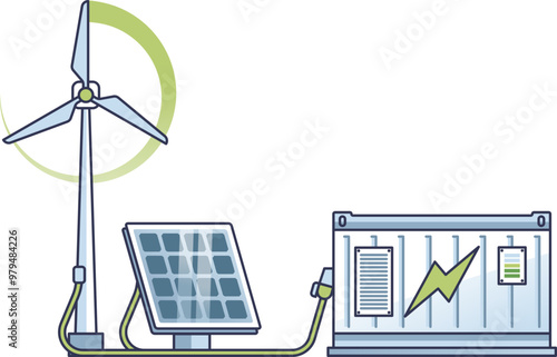 Wind turbine and solar panel connected to an electric transformer by cables, symbolizing renewable energy integration.