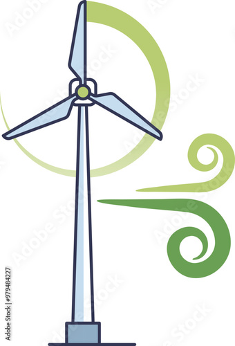 Illustration of a wind turbine with green wind swirls, symbolizing renewable energy and wind power.