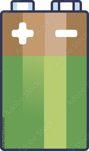 Illustration of a 9V battery with positive and negative terminals, symbolizing power and energy storage.