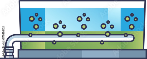 Illustration of an activated sludge tank with aeration pipe and bubbles, representing wastewater treatment process.
