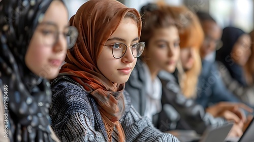 A group of diverse students engaged in a learning environment, focused on their tasks.