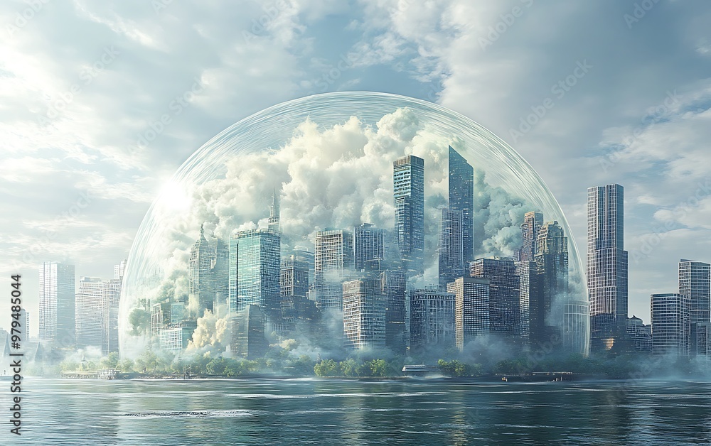Obraz premium Climate Change Impact: 3D City Under Dome Facing Extreme Weather Patterns of Storms and Heatwaves.