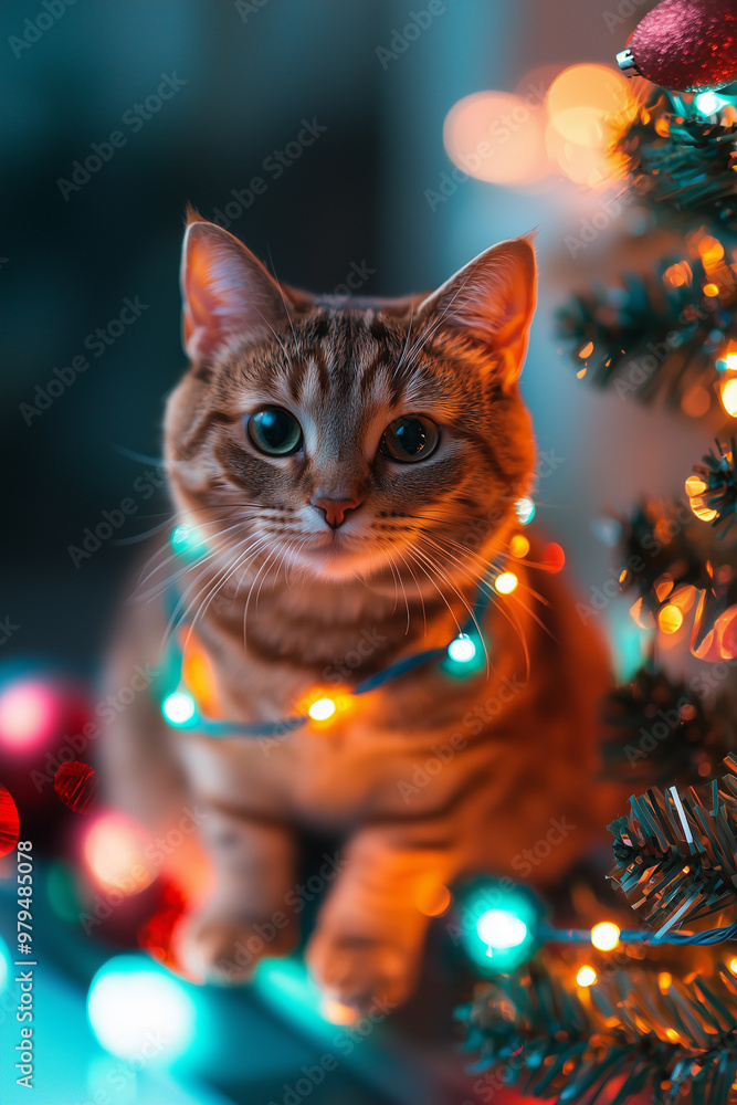 cat sitting near a Christmas tree illuminated with colorful lights cat sitting near a Christmas tree illuminated with colorful lights