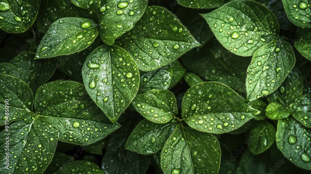 Fresh Green Leaves with Dew Drops Fresh Green Leaves with Dew Drops