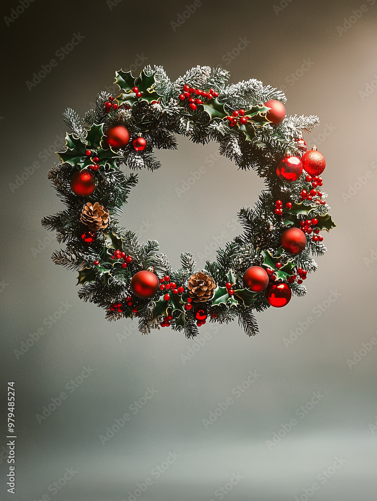 A circular wreath composed of various greenery including pine branches, eucalyptus leaves, and pine cones, designed to appear fresh and natural
