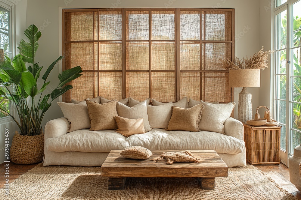 A modern living room featuring a comfortable beige sofa with orange and grey cushions, set against large windows overlooking a snowy forest, creating a warm, cozy atmosphere.