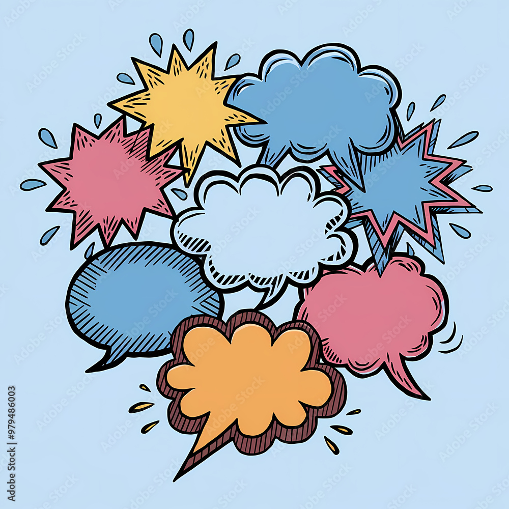A group of hand-drawn, empty speech bubbles in quirky shapes, such as stars, clouds, and jagged bursts, doodle illustration A group of hand-drawn, empty speech bubbles in quirky shapes, such as stars, clouds, and jagged bursts, doodle illustration