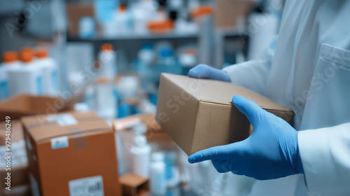 Pharmacist with a parcel in a warehouse. Concept of online shopping and orders delivery. Person in lab coat holding a box with medical equipment in his hands.