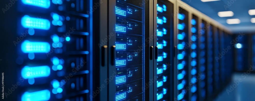 High-tech server room with blue lights, showcasing modern data storage technology in a cool and efficient environment. High-tech server room with blue lights, showcasing modern data storage technology in a cool and efficient environment.