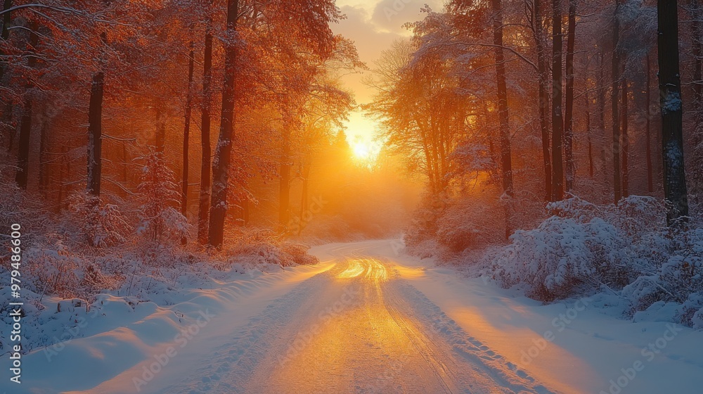 Serene Winter Morning in a Snow-Covered Forest: Golden Sunrise on a Nikon Z7 II Captured Road Serene Winter Morning in a Snow-Covered Forest: Golden Sunrise on a Nikon Z7 II Captured Road