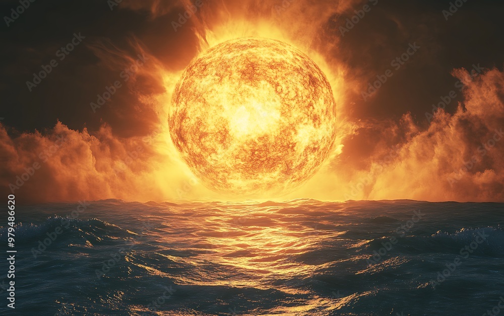 Fiery Consequences of Global Warming: Surreal Oceans Boiling under Enormous Sun Fiery Consequences of Global Warming: Surreal Oceans Boiling under Enormous Sun