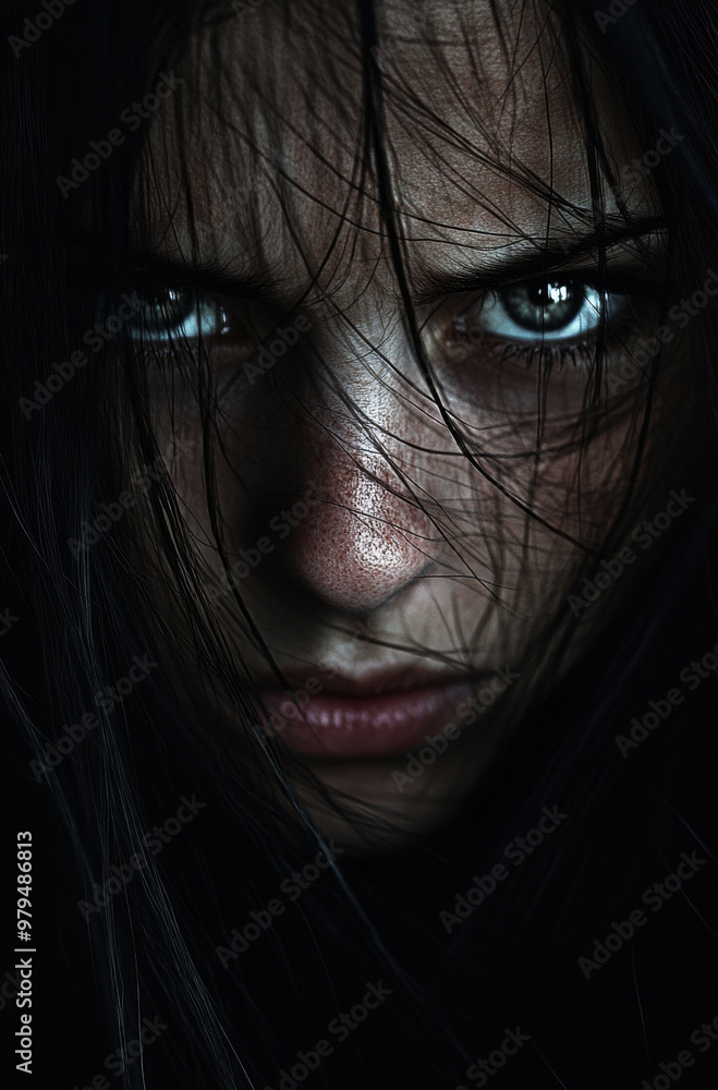 A woman with long hair and a dark face A woman with long hair and a dark face