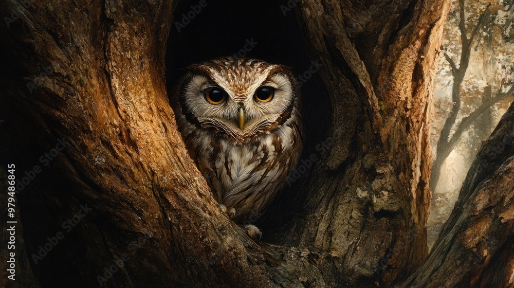 An owl nestled in the hollow of a large tree, peering out with wise, knowing eyes in a serene forest. An owl nestled in the hollow of a large tree, peering out with wise, knowing eyes in a serene forest.