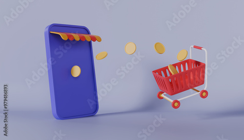 smartphone with store front, shopping cart, basket, coins isolated on purple background photo