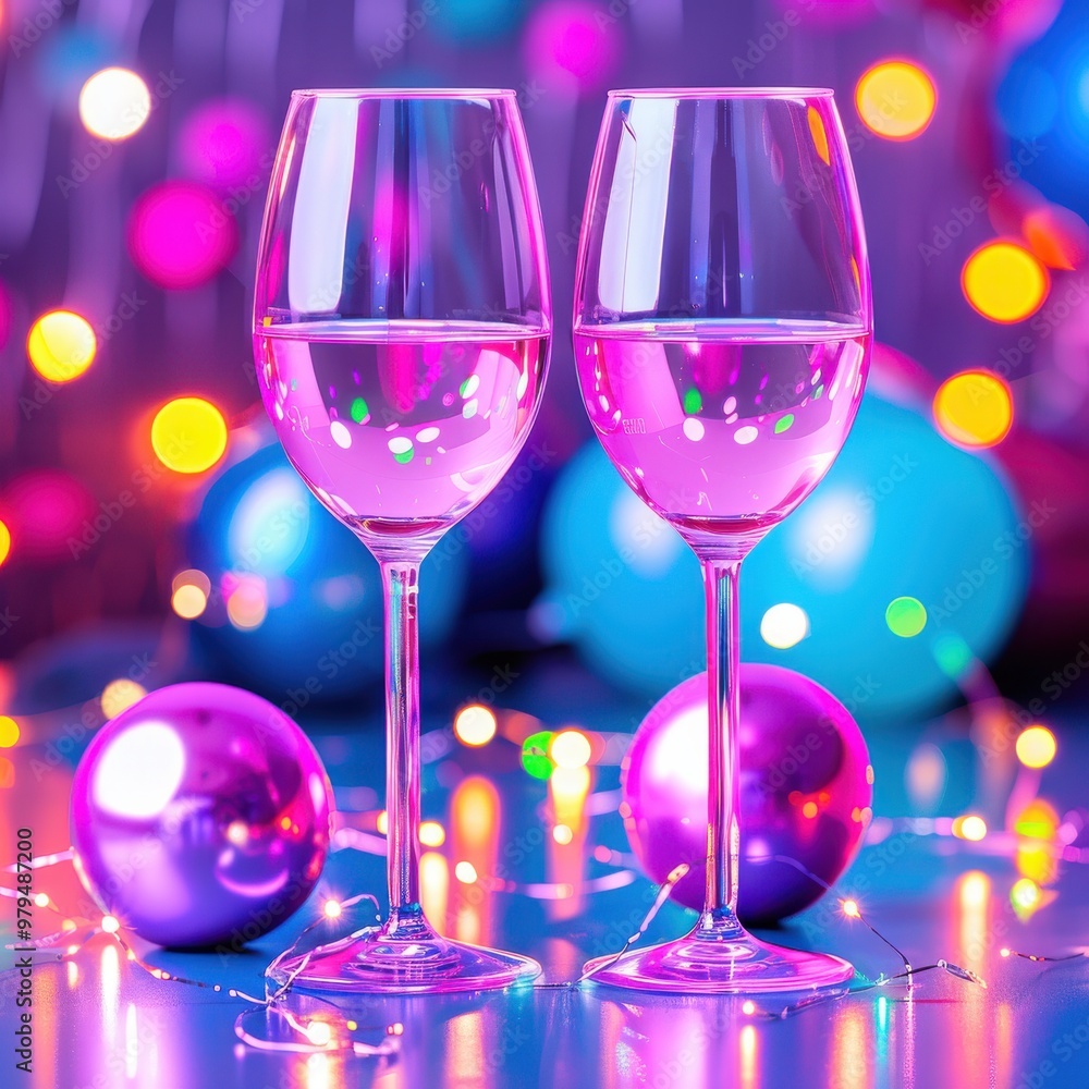 Two Wine Glasses with Festive Lights and Baubles Two Wine Glasses with Festive Lights and Baubles