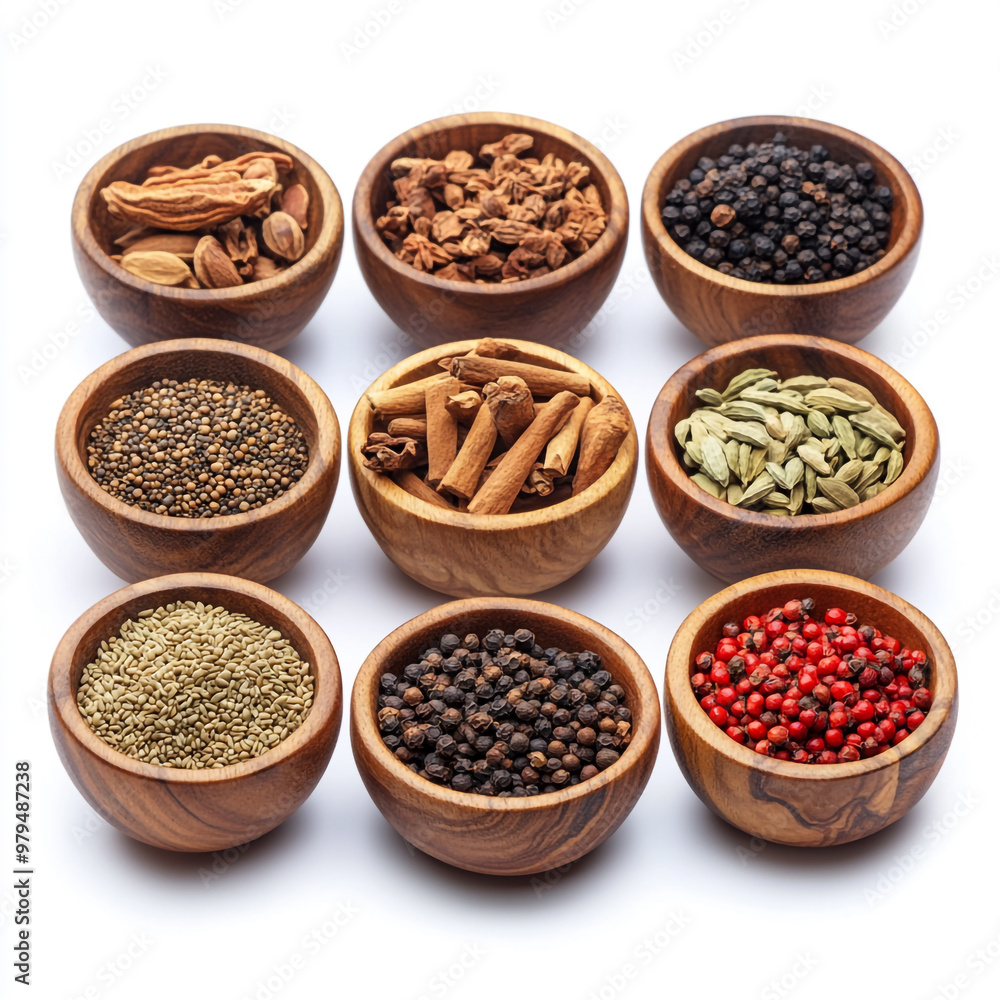 A collection of spices in wooden bowls arranged in a row on a white background. A collection of spices in wooden bowls arranged in a row on a white background.