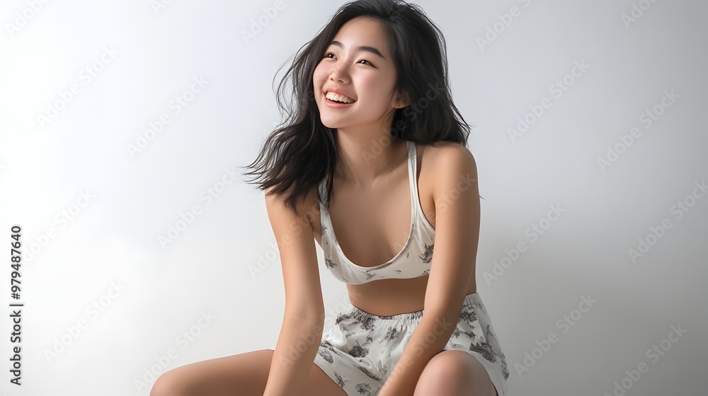 Obraz premium Charming Asian Model in Playful Pajama Shorts and Tank Top Posing with Bright Smile