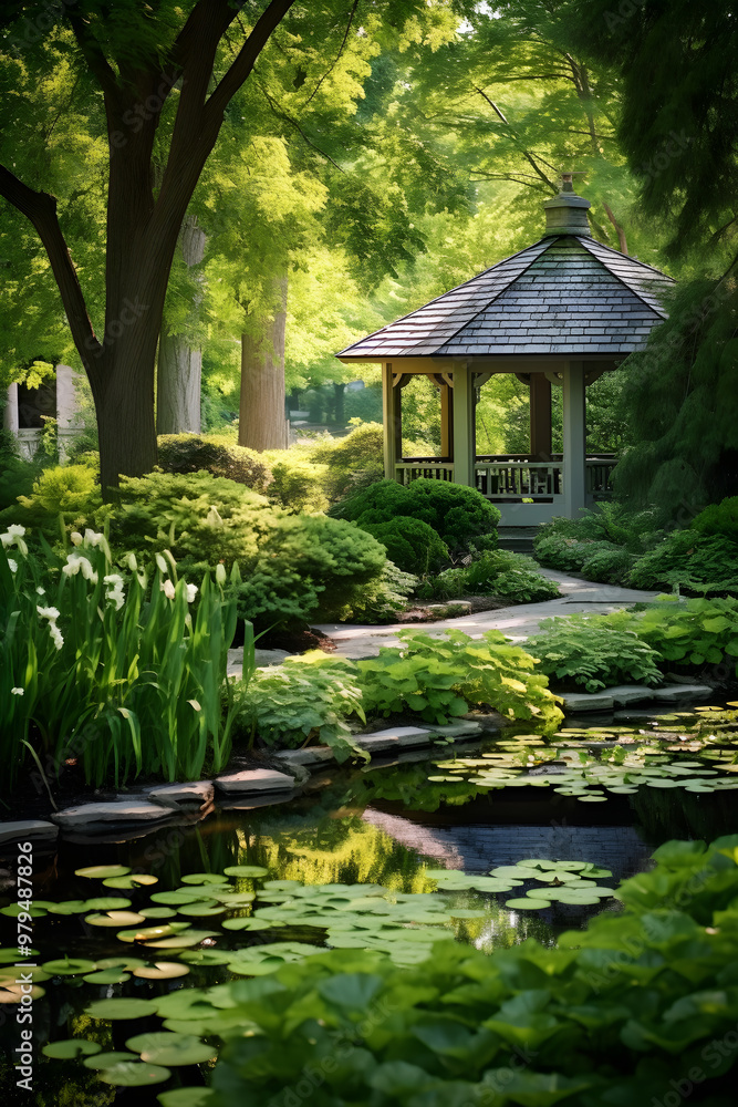 Serene Healing Garden Scene with A Lush Greenery, Tranquil Pond, and Quaint Gazebo Serene Healing Garden Scene with A Lush Greenery, Tranquil Pond, and Quaint Gazebo