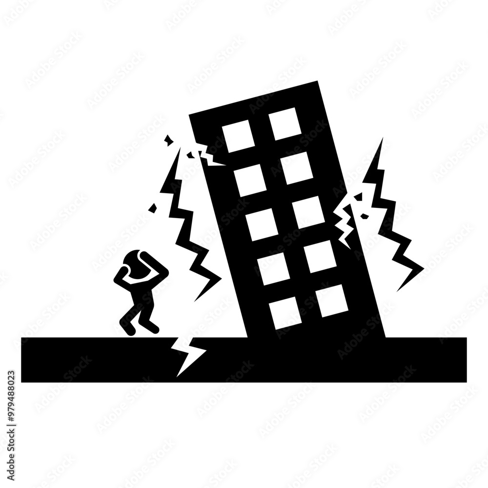 Earthquake collapsed high-rise building and evacuating person silhouette. Vector. Earthquake collapsed high-rise building and evacuating person silhouette. Vector.