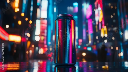 Sleek Metallic Energy Drink Can Set Against Neon Lit Cityscape at Night