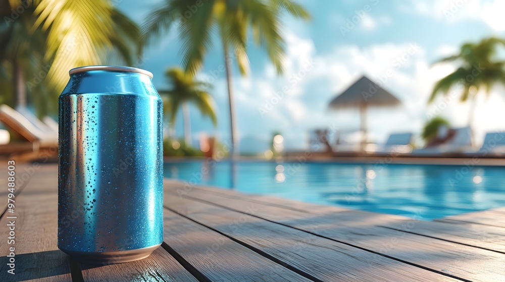 Refreshing Energy Drink Beside Tropical Pool on Wooden Sundeck Refreshing Energy Drink Beside Tropical Pool on Wooden Sundeck