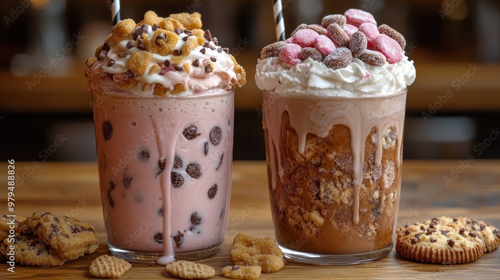 Two Delicious Milkshakes with Cookies and Whipped Cream Two Delicious Milkshakes with Cookies and Whipped Cream